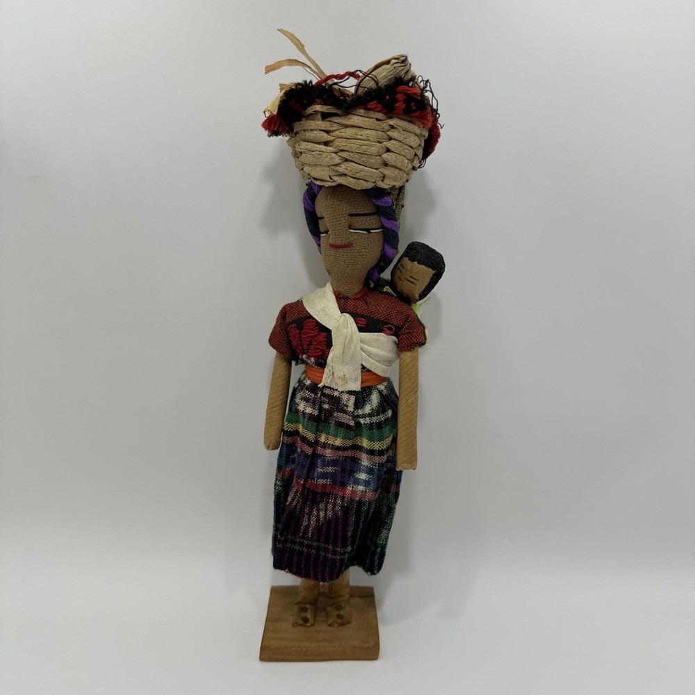 Vintage Guatemala Doll & Baby Folk Art Plush Hand Made 10in Figure Wood Base